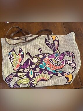 Vera Bradley Seashore Plum Crazy Crab Woven Straw Beach Tote Bag Open Purple